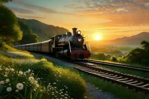 uma trem dentro a selva com pôr do sol. generativo ai. foto