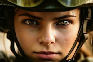 uma retrato do uma mulher dentro uma militares equipamento com capacete criada com generativo ai tecnologia. foto