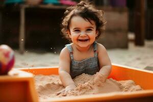 uma feliz pequeno criança jogando dentro uma caixa de areia criada com generativo ai tecnologia. foto