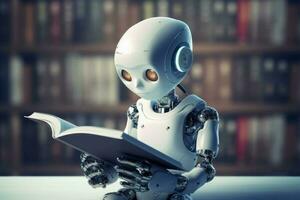 uma criança ai robô lendo uma livro criada com generativo ai tecnologia. foto