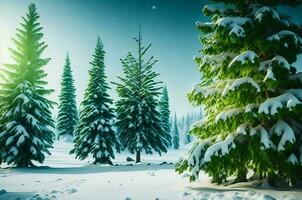 Natal decorado verde abeto árvores dentro inverno floresta, abstrato fantasia festivo Natal árvore fundo cabeçalho papel de parede, inverno abstrato panorama. luz solar dentro a inverno floresta foto