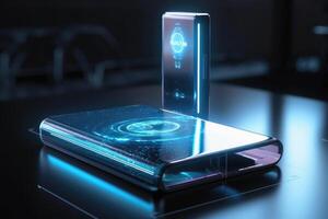 Smartphone com uma holográfico exibição criada com generativo ai tecnologia. foto