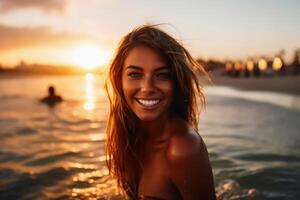 a atraente mulher às uma de praia durante pôr do sol criada com generativo ai tecnologia. foto