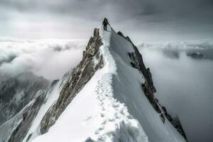 uma solteiro alpinista em a caminho para a cume criada com generativo ai tecnologia. foto