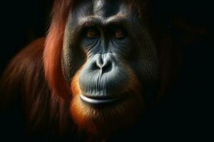 fechar acima Visão do a orangotango utan contra uma Sombrio fundo criada com generativo ai tecnologia. foto