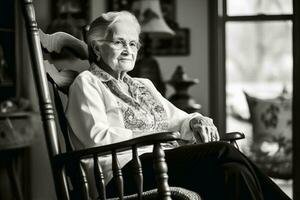 uma aposentado mulher dentro uma balanço cadeira criada com generativo ai tecnologia. foto