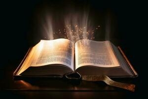uma brilhando piedosos Bíblia com uma brilhando aréola criada com generativo ai tecnologia. foto
