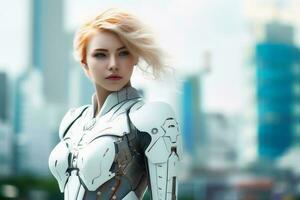 uma lindo fêmea cyborg dentro frente do uma futurista cidade criada com generativo ai tecnologia. foto