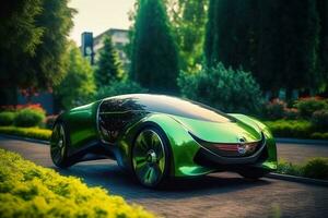futurista elétrico carro dentro uma verde cidade criada com generativo ai tecnologia. foto