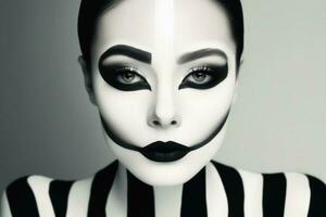 retrato do uma mulher com uma Preto e branco Maquiagem separando a face criada com generativo ai tecnologia. foto