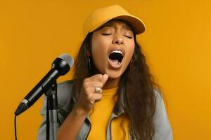 fêmea cantor cantando para dentro uma microfone foto