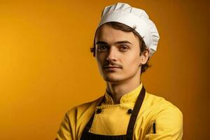 chefe de cozinha dentro avental em uma amarelo isolado fundo, trabalhador dentro uniforme, retrato do serviço homem foto
