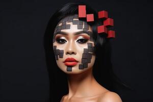 uma mulher com uma cúbico face faço acima criada com generativo ai tecnologia. foto