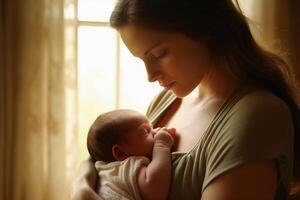 uma mãe segurando dela bebê dentro dela braços criada com generativo ai tecnologia. foto