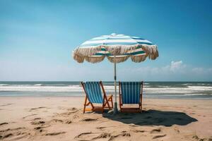 dois de praia cadeiras com uma sombrinha diretamente em a de praia criada com generativo ai tecnologia. foto