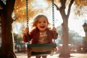 uma alegre e feliz sorridente criança em uma balanço criada com generativo ai tecnologia. foto