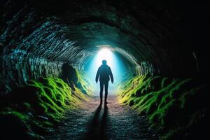 costas Visão do uma solitário pessoa dentro uma túnel criada com generativo ai tecnologia. foto