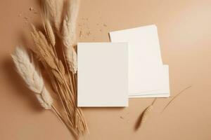 brincar papel Casamento convite boho mínimo estilo cumprimento cartão para Casamento convites e aniversário papelaria. topo Visão plano deitar copyspace. ai gerado foto