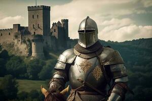 medieval cavaleiro dentro armaduras com castelo pano de fundo, ai gerado foto