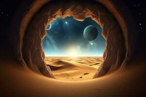 místico deserto portal com dunas, leitoso caminho acima, ai gerado foto