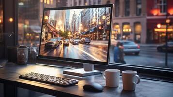 computador computador portátil tela em uma mesa, escritório escrivaninha com cidade Visão ai gerado foto