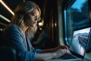 mulher senta dentro uma trem e trabalho às uma computador portátil criada com generativo al tecnologia foto