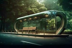 Inovativa ônibus Pare Projeto com eco - amigáveis características criada com generativo al tecnologia foto
