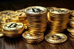 pilhas do bitcoin moedas. criptomoeda. generativo ai foto