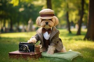 cachorro fotógrafo. internacional dia do a fotógrafo. cachorro com uma Câmera. generativo ai foto