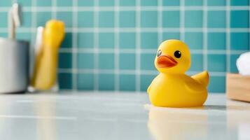 brincalhão banho companheiro - pequeno amarelo Pato brinquedo ilumina seu banheiro - generativo ai foto