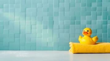 alegre amarelo Pato brinquedo acrescenta brincadeira para banheiro decoração - generativo ai foto