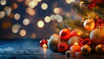 alegre Natal decorações com bokeh luzes - generativo ai foto