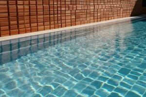 cênico natação piscina harmonizando com uma lindo tijolo parede ai gerado foto