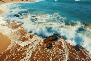 uma cativante aéreo tiro captura a idílico essência do uma arenoso de praia ai gerado foto