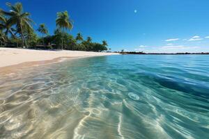 panorâmico tropical praia, dourado areia, Palma árvores, turquesa mar, azul céu ai gerado foto