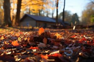 compensação a Jardim do outono folhagem com uma ancinho ai gerado foto