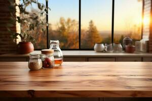 de madeira de mesa contra uma borrado cozinha pano de fundo, ideal para produtos exibição ai gerado foto