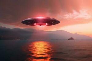 espantoso avistamento, estrangeiro nave espacial sobe acima pôr do sol mar, vibrante vermelho céu ai gerado foto