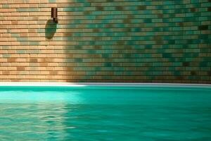 sereno natação piscina harmonizando com a elegante tijolo parede ai gerado foto