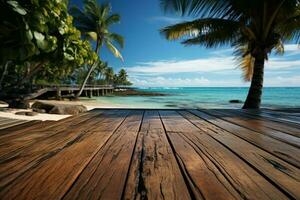 uma fatia do verão paraíso, praia, de madeira plataforma, Palma árvores, azul céu ai gerado foto