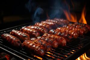 fogosa grelhar espetáculo, chiando linguiça em a flamejante grade ai gerado foto