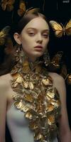generativo ai lindo jovem mulher com dourado borboleta inventar. moda arte foto