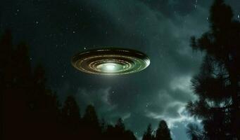 enigmático UFO desliza através a noite céu, enluarada pano de fundo ai gerado foto