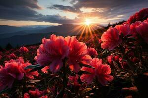 pôr do sol banha a montanha campo dentro matizes do rododendro flores' beleza ai gerado foto