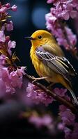 generativo ai lindo amarelo pássaro em uma ramo do uma florescendo sakura foto