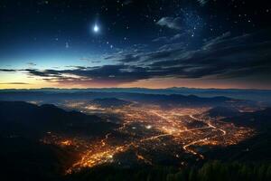 uma cósmico espetáculo desdobra-se Como meteoros graça a noite sobre montanhas e cidade ai gerado foto