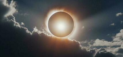 celestial espetáculo, solar eclipse velado de etéreo nuvens e Sol flare ai gerado foto