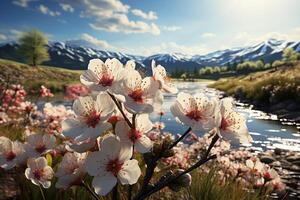 a Primavera panorama vem vivo com uma sinfonia do flores e vibrante verduras ai gerado foto