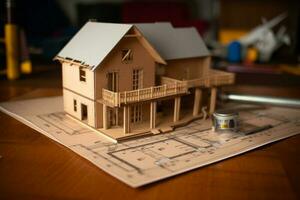 cartão modelo representando casa construção com projeto, chave, fita a medida ai gerado foto