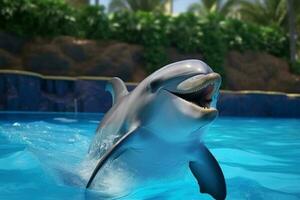 hipnotizante piscina espetáculo Como uma golfinho graciosamente saltos e salpicos ai gerado foto